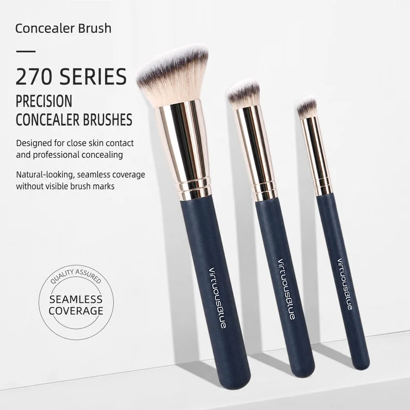 Three angled 270 series concealer brushes with English product copy