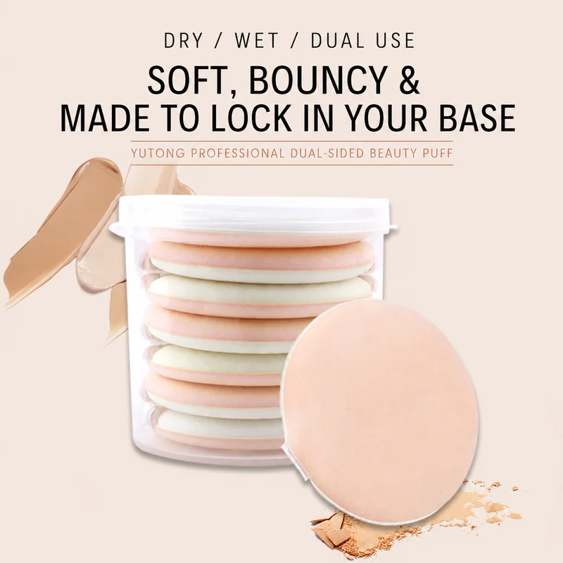 Dual-sided dry and wet beauty puffs with English product copy