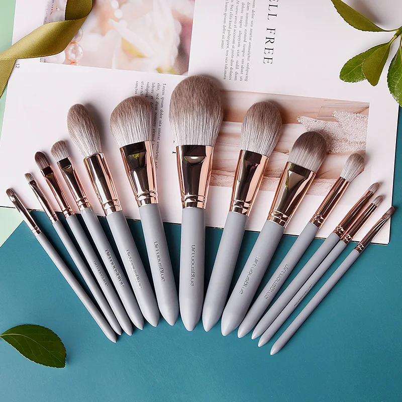 Rose gold and blue complete face and eye makeup brush collection