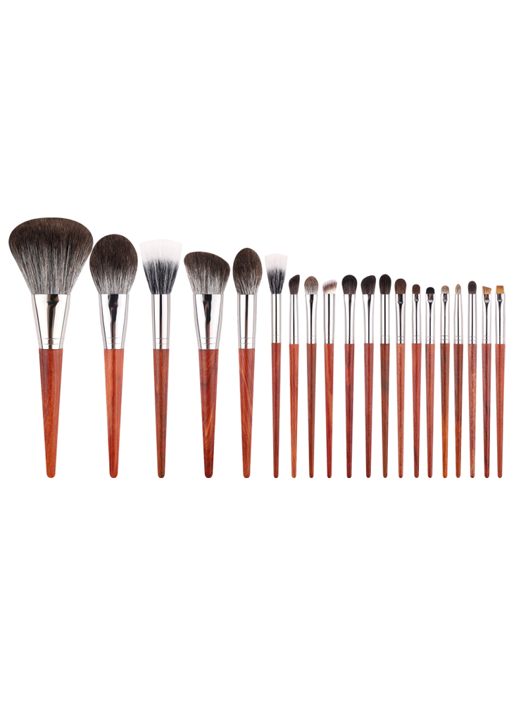 Twenty-piece makeup brush set with red wood-style handles