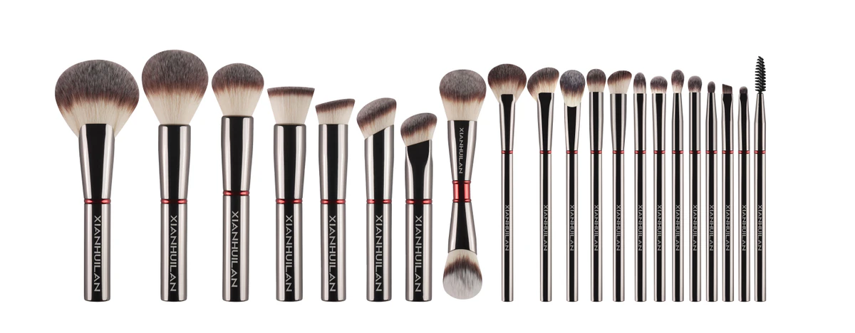 Full lineup: 21 brushes with a dark metallic finish and red rings